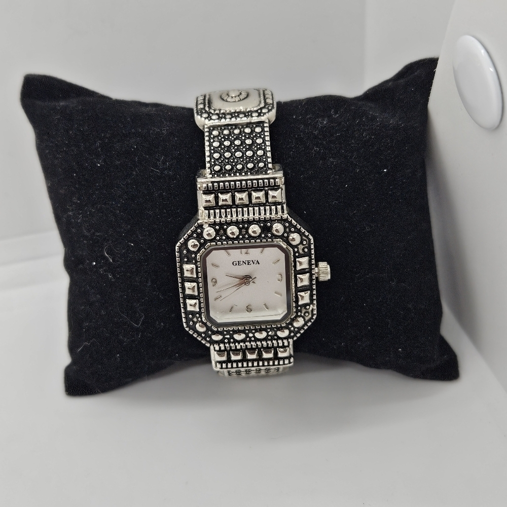 Geneva silver tone cuff bracelet watch